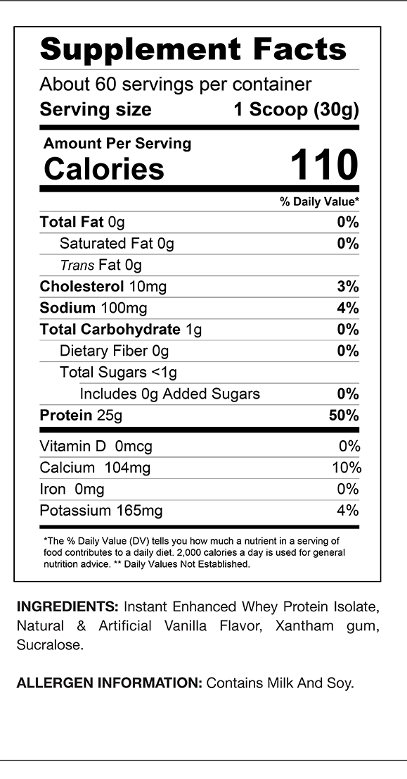 Supplement facts label detailing nutrients, calories, ingredients, and allergen information for a Vanilla Whey Protein Isolate.