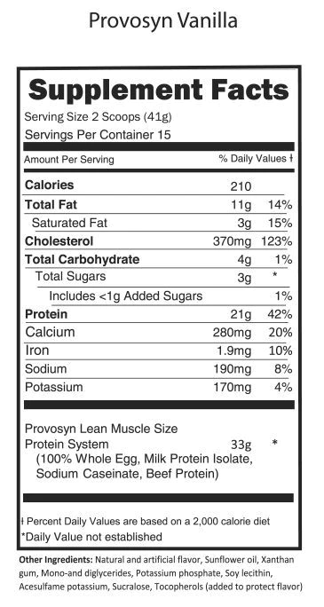 Nutritional information for Provosyn Vanilla; includes serving size, servings per container, protein, fat, carbohydrate, and other ingredient details.