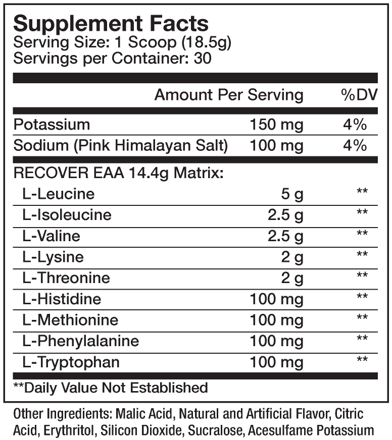 Supplement facts for a 30-serving container with a serving size of one scoop, containing 14.4g EAA matrix and other ingredients.