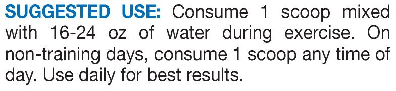 Alt text: Instructions for consuming a mixed scoop of product with water during workouts and on non-training days.