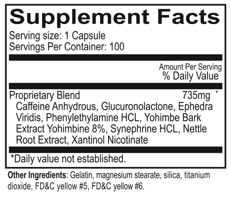 Supplement facts for a 100-capsule product detailing serving size, proprietary blend, daily values, and other ingredients.