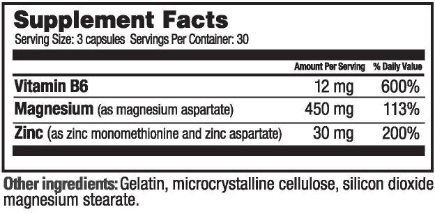 Supplement facts for capsules containing Vitamin B6, Magnesium, and Zinc, including serving size, daily value percentages, and other ingredients.