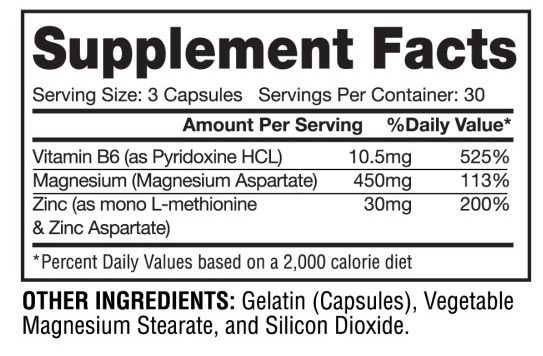 Supplement facts showing serving size of 3 capsules with 30 servings per container. Contains Vitamin B6, Magnesium and Zinc.