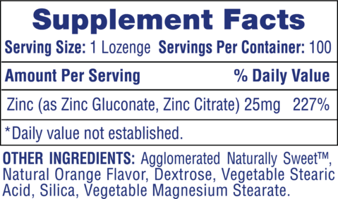 Supplement facts for 1 lozenge with Zinc content and other ingredients including natural orange flavor.
