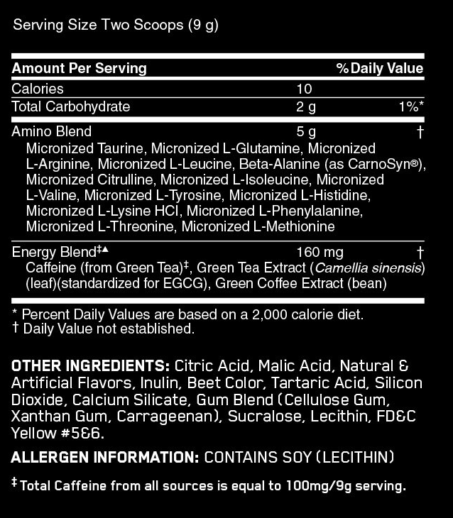 Nutritional label showing a blend of amino acids, caffeine, green tea extract, and other ingredients for a two-scoop serving size.