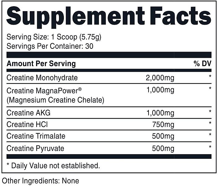 Nutritional supplement facts for a Creatine product, detailing its ingredients and their proportions per serving.