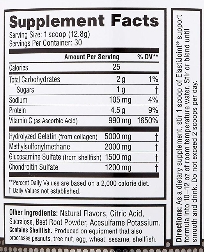 Nutritional information and usage instructions for ElastiJoint support supplement powder that contains various nutrients and shellfish.