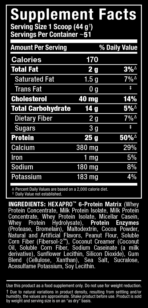 Nutrition label for a supplement powder. It serves 51, with 170 calories, 2g of fat, 14g carbohydrates, 25g protein per scoop. Contains various protein types and enzymes.
