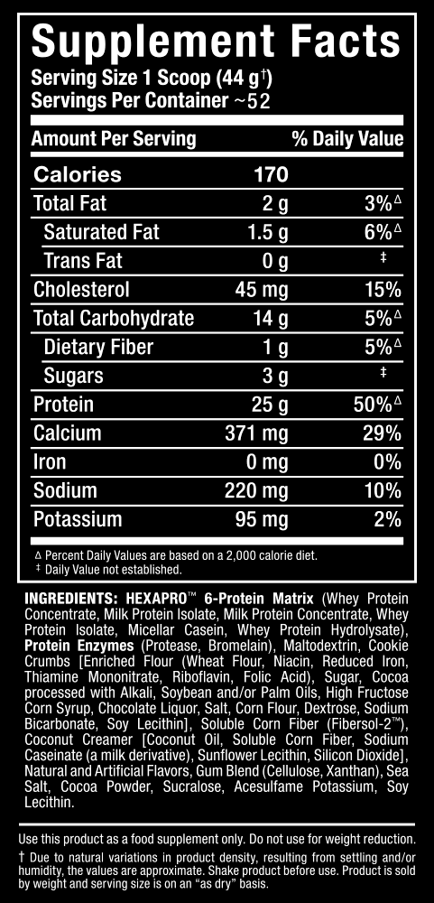 Protein supplement nutritional facts and ingredients, including a 6-protein matrix, enzymes, and natural and artificial flavors. Not for weight reduction.