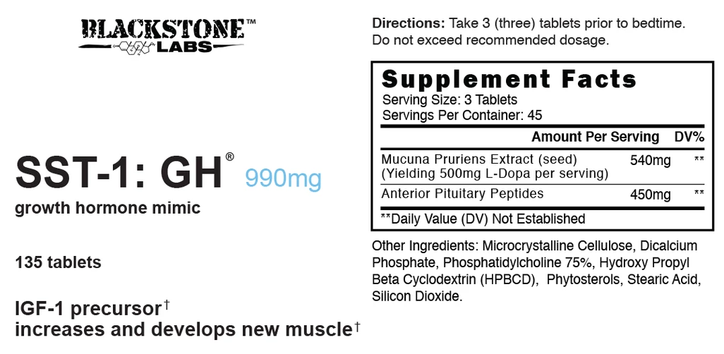 Blackstone Labs SST-1: GH 990mg growth hormone mimic pill bottle, contains 135 tablets for muscle development.
