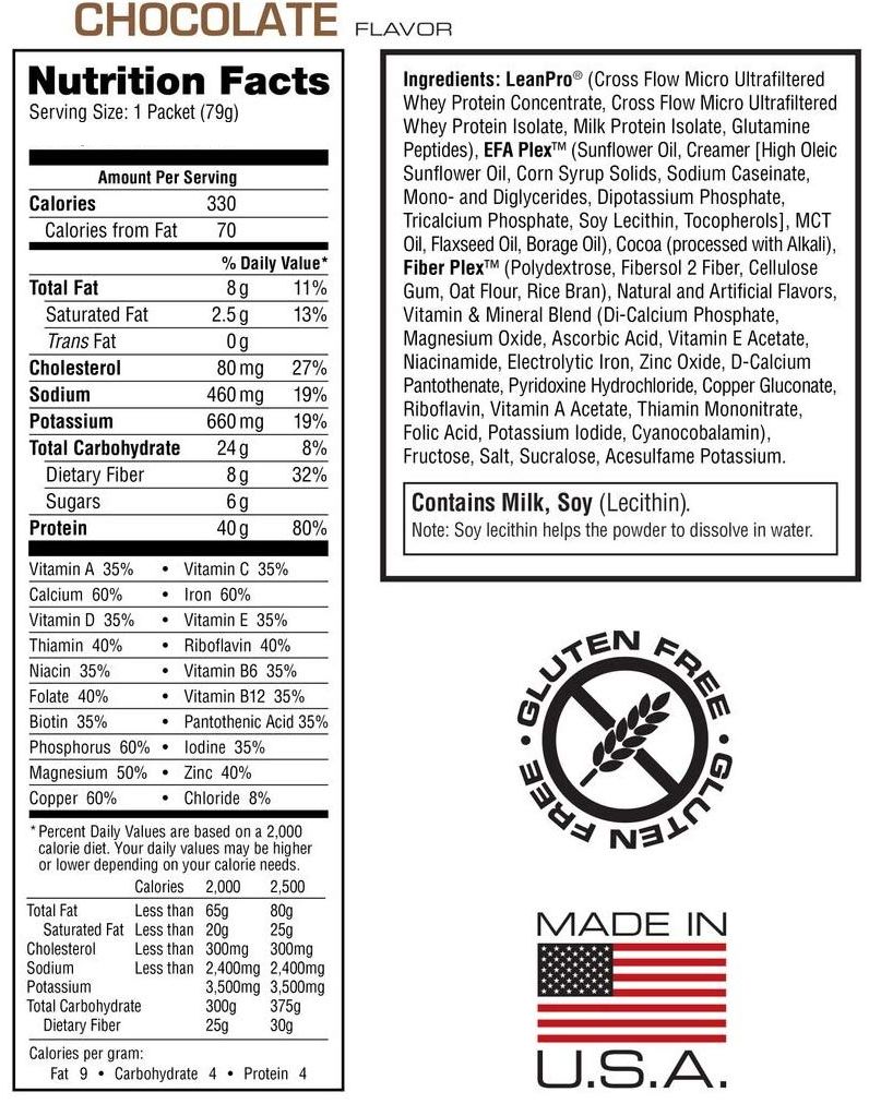 Nutritional information for a chocolate flavored supplement: 330 calories per serving, 70 from fat. Contains various vitamins and elements. Contains Milk, Soy. Made in the USA.