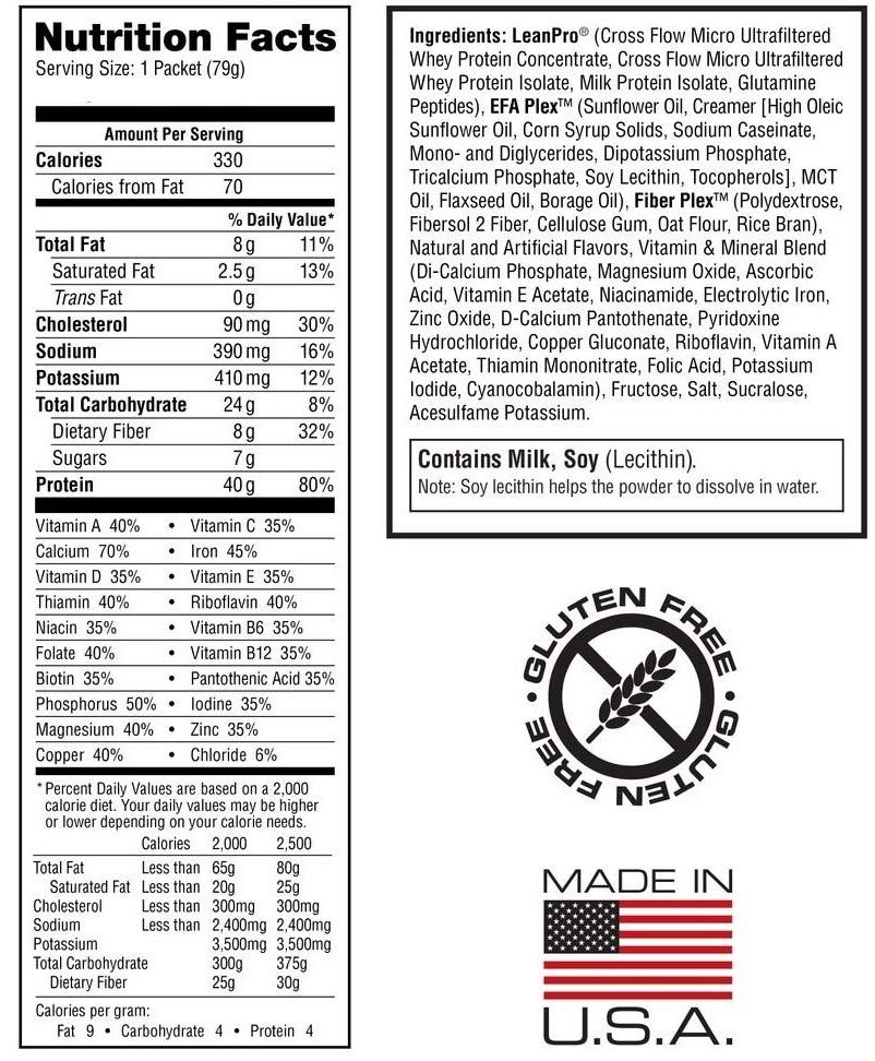 Nutrition facts for a 79g packet serving including calories, fat content, dietary fiber, sugars, protein, daily values of vitamins and minerals, and ingredients.