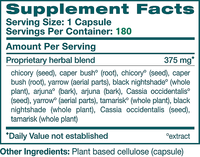 Supplement facts for a capsule containing a 375mg proprietary blend of various herbal extracts such as chicory, caper bush, and more.