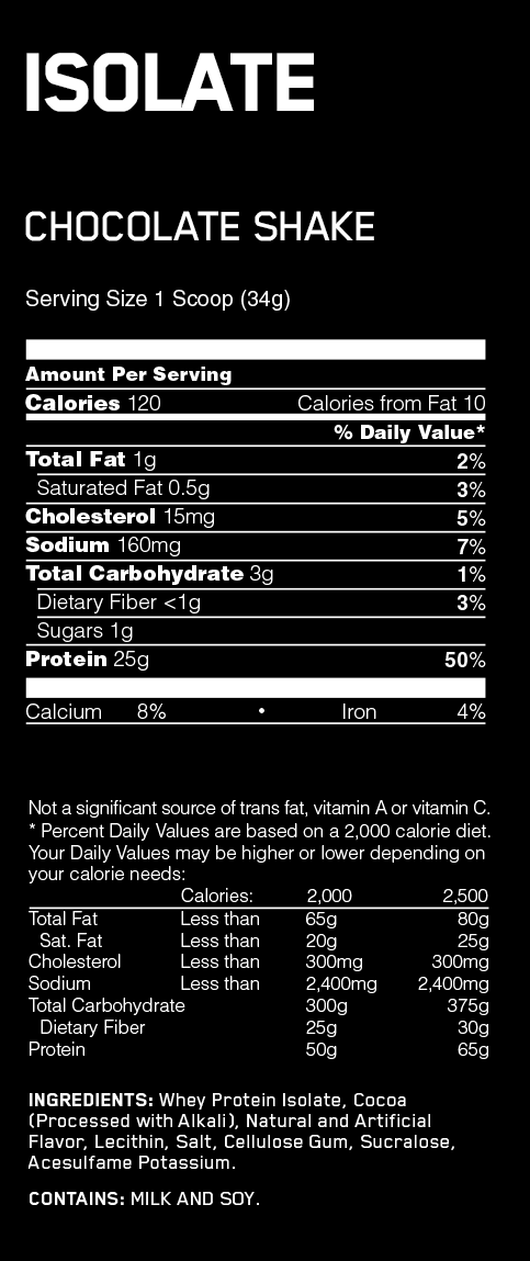 Nutritional information for Isolate Chocolate Shake, 120 calories, 1g fat, 3g carbs, 25g protein per 34g scoop. Contains milk and soy.