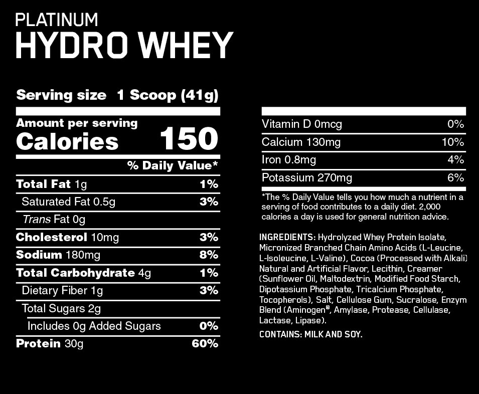 Nutrition label for Platinum Hydro Whey supplement, includes information on ingredients, serving size, calories, fats, and other nutritional values.