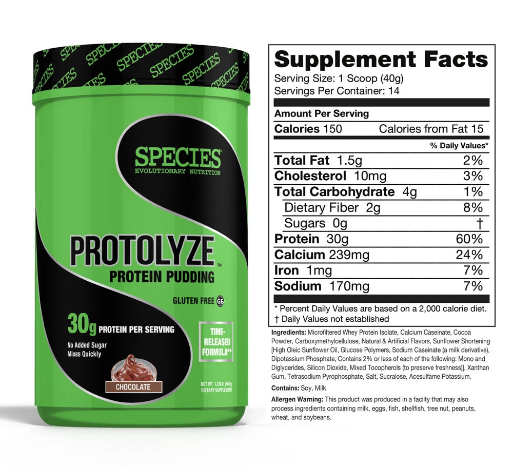 Protein pudding from Species Evolutionary Nutrition. Gluten-free, chocolate flavor, 30g protein per serving. Contains whey protein, calcium, and iron.