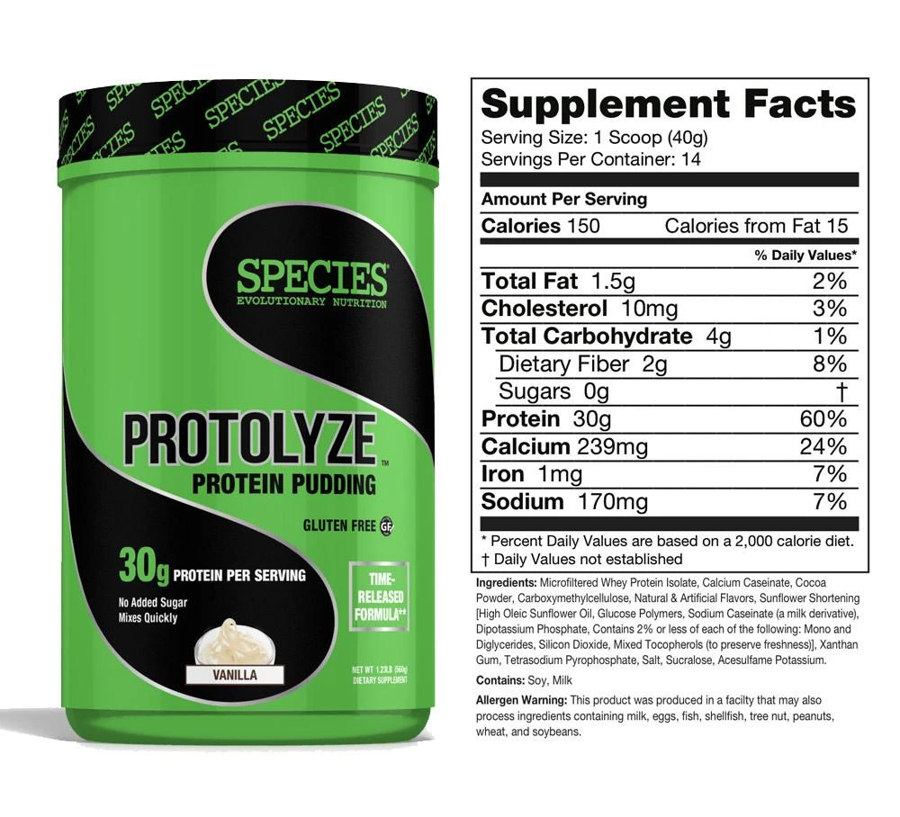 Species Nutrition ProtoLyze Protein Pudding mix in Vanilla flavor. Gluten-free, no added sugar, 30g protein per serving. 14 servings, 1.23lb.