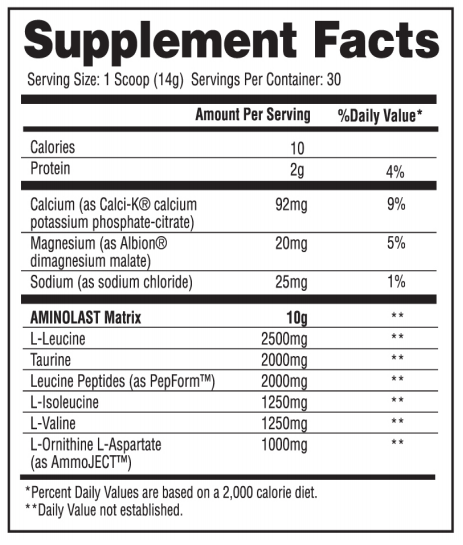 Supplement facts for a serving size of 14g contains 10 calories, 2g protein, 92mg calcium, 20mg magnesium, 25mg sodium, and various amounts of leucine, taurine, isoleucine, valine, ornithine, aspartate.