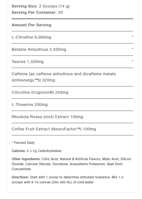 Nutrition label for a supplement including servings, ingredients, and dosages. Also includes daily calories and usage directions.