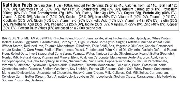 Nutrition facts for 1 bar (100g) with a detailed list of ingredients and vitamins as well as the percent daily values based on a 2,000 calorie diet.