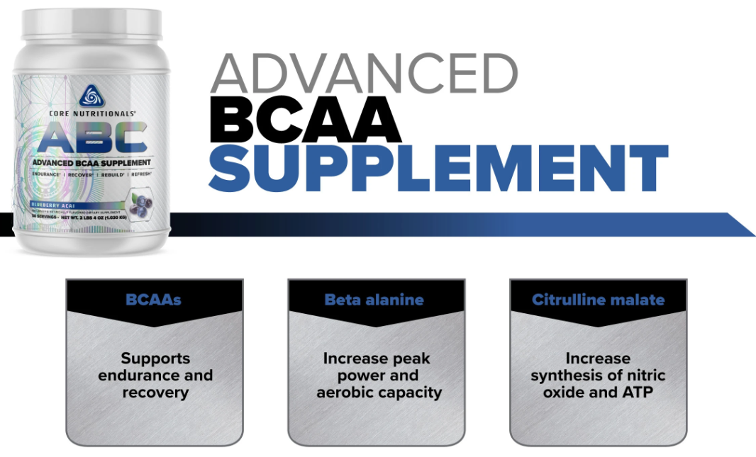 Core Nutritionals ABC Advanced BCAA Supplement with blueberry acai flavor, meant for endurance, recovery, and rebuilding.