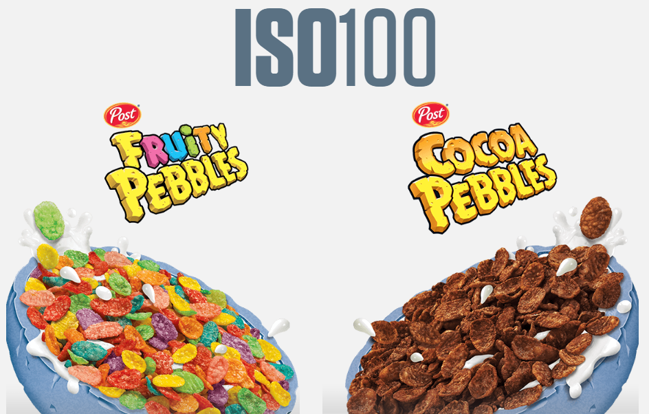 Variety of Post cereals including ISO100 Fruity Pebbles and Cocoa Pebbles.