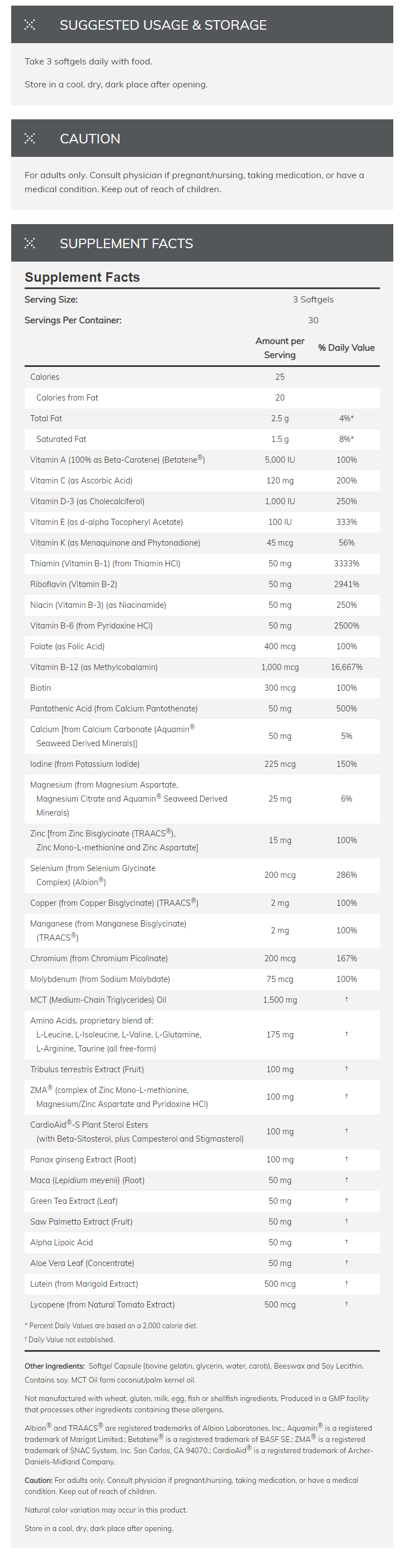 Supplement facts and usage details for a multivitamin softgel containing a range of vitamins, minerals, and proprietary blends.