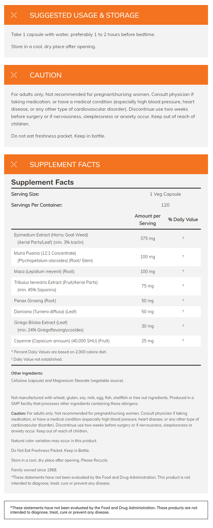 Supplement capsule instructions and ingredients list including Horny Goat Weed, Maca, Tribulus terrestris, Ginseng, and more. Not for pregnant/nursing women or those with medical conditions.