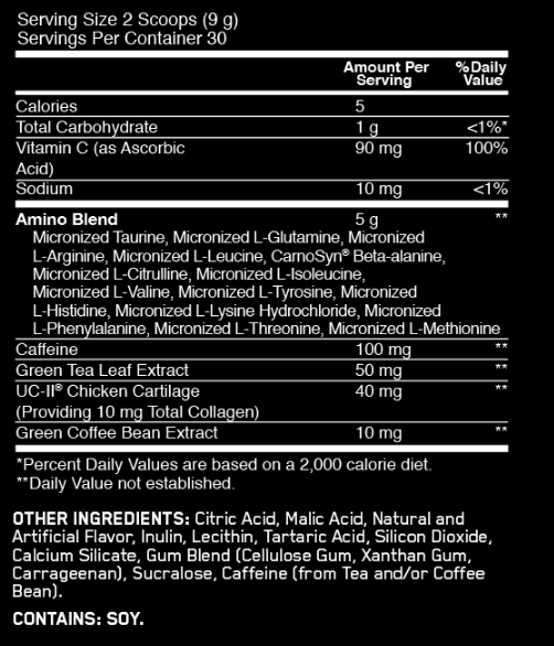 Nutritional information and ingredients of a supplement with serving size of 2 scoops. Contains vitamins, amino blend, caffeine, and soy.