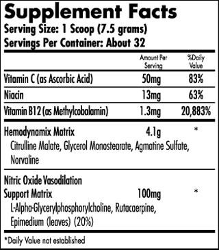 Supplement facts including serving size, vitamins C, Niacin, B12, Nitric Oxide, Hemodynamix Matrix, and ingredients list.