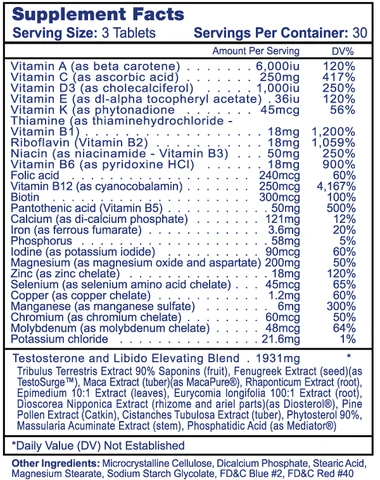 Supplement label showing serving size, ingredients, and daily values of vitamins, minerals, and a testosterone and libido boosting blend.