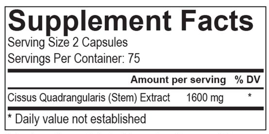 Supplement facts label indicating 2-capsule serving size, 75 servings per container, and 1600mg Cissus Quadrangularis stem extract per serving.