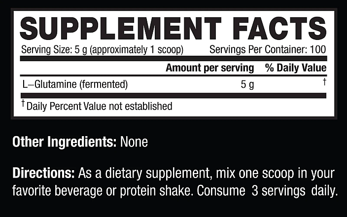 Supplement facts and usage instructions for a 5g serving of L-Glutamine, with 100 servings per container.