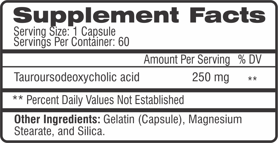 Supplement facts label for a 60-capsule container, each capsule contains 250mg Tauroursodeoxycholic acid. Other ingredients listed.