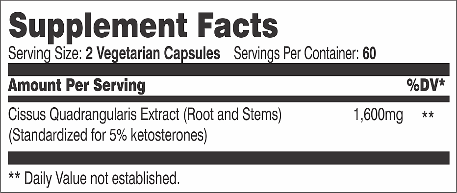 Supplement facts for vegetarian capsules highlighting Cissus Quadrangularis extract dosage and serving count.