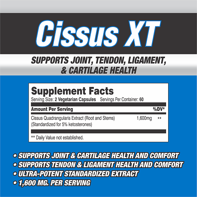 Cissus XT Supplement fact sheet highlighting support for joint, tendon, ligament, and cartilage health, serving size and dosage.