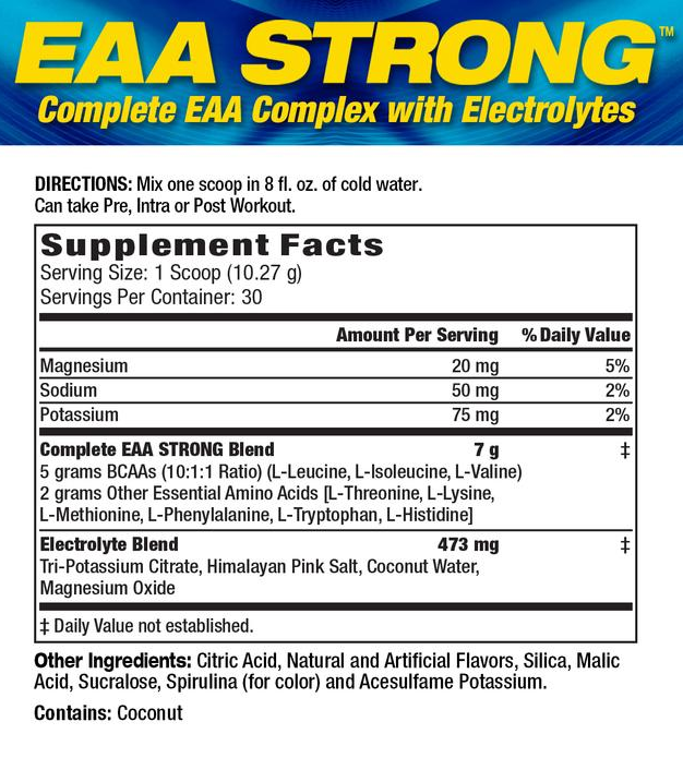 EAA STRONG supplement with Electrolytes, serves 30 and to be mixed with water. Contains BCAAs, other essential amino acids and an electrolyte blend.