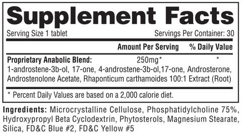 Supplement facts for a 30-serving container, with a proprietary anabolic blend and daily value based on a 2,000 calorie diet.
