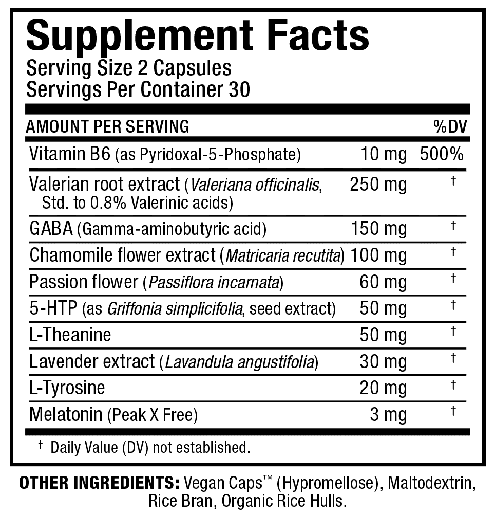 Supplement facts detailing serving size, vitamins, and ingredients such as Valerian root, GABA, Chamomile, Passion flower, 5-HTP, L-Theanine, Melatonin, and more.