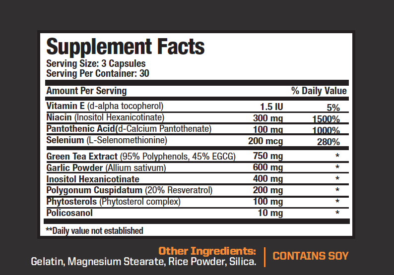 Nutritional label showing vitamin, mineral, and herbal components of a supplement, including their quantities and daily values. Contains soy.