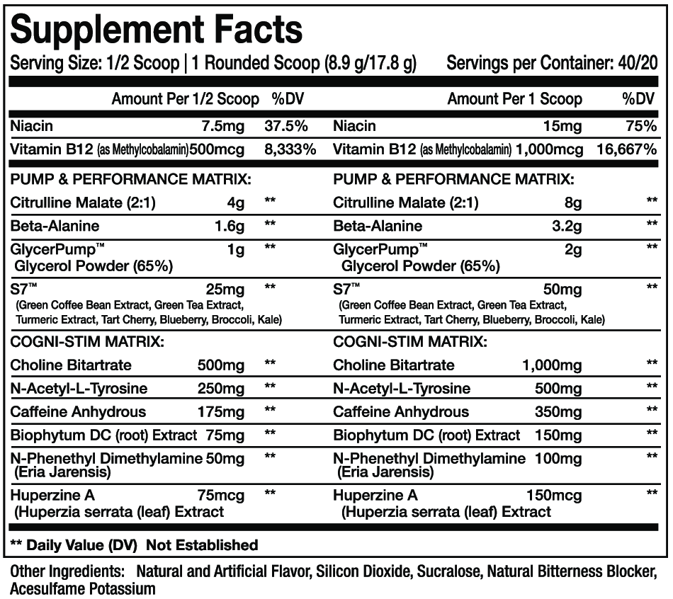 Supplement facts displaying nutritional values and ingredients like Niacin, Vitamin B12, Caffeine from a performance supplement with 40/20 servings.