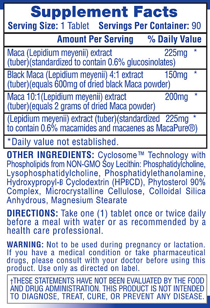 Maca supplement facts and ingredients list, including directions for use and warnings for pregnant users or those on pharmaceutical drugs.