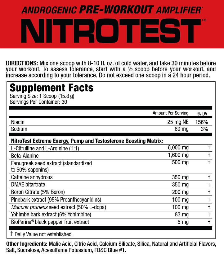 Alt text: NitroTest pre-workout supplement mix directions and ingredients including L-Citrulline, L-Arginine, Beta-Alanine, Fenugreek, Caffeine, and extracts from Pinebark and Mucuna pruriens.