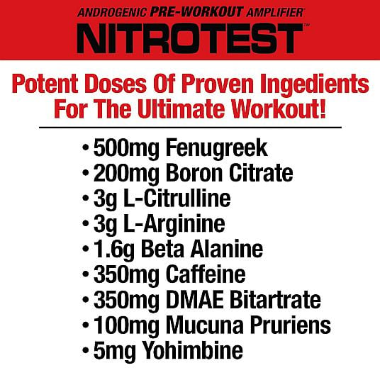 Alt text: ANDROGENIC NITROTEST pre-workout amplifier containing Fenugreek, Boron Citrate, L-Citrulline, L-Arginine, Beta Alanine, Caffeine, DMAE Bitartrate, Mucuna Pruriens, and Yohimbine.