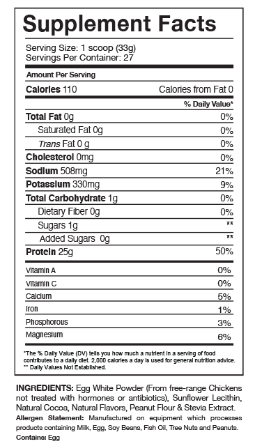 Protein powder nutrition facts: 110 calories, 25g protein and 1g carbs per 33g scoop. Made from egg white powder, cocoa, peanut flour, and Stevia. May contain allergens.