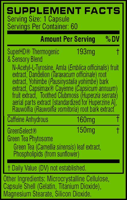 Supplement facts for a 60-capsule container showing a blend of various extracts and ingredients including N-Acetyl-L-Tyrosine, Amla fruit extract, and Green Tea leaf.