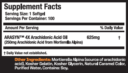 Supplement facts for 1 softgel: contains ARASYN 4X Arachidonic Acid Oil (625mg), other ingredients are Kosher gelatin, caramel color, and soy.