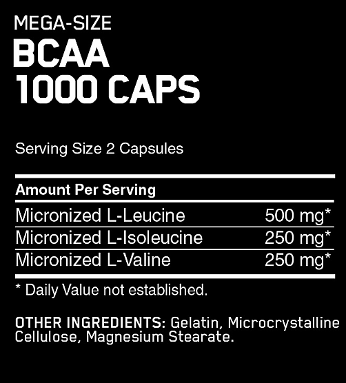 Mega-size BCAA 1000 caps; each serving includes micronized L-leucine, L-isoleucine, L-valine & other ingredients.