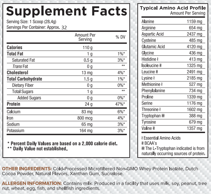 Nutritional information for supplement with details on serving size, calories, total fat, carbohydrates, sugars, protein, sodium, and an amino acid profile. Contains allergens.