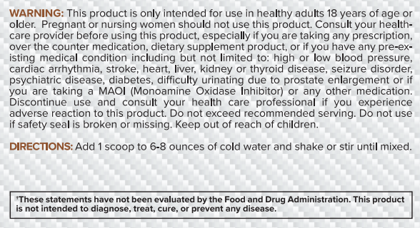 Health product intended for adults over 18, not for pregnant or nursing women or those with serious health conditions. One scoop mixed in water per serving.